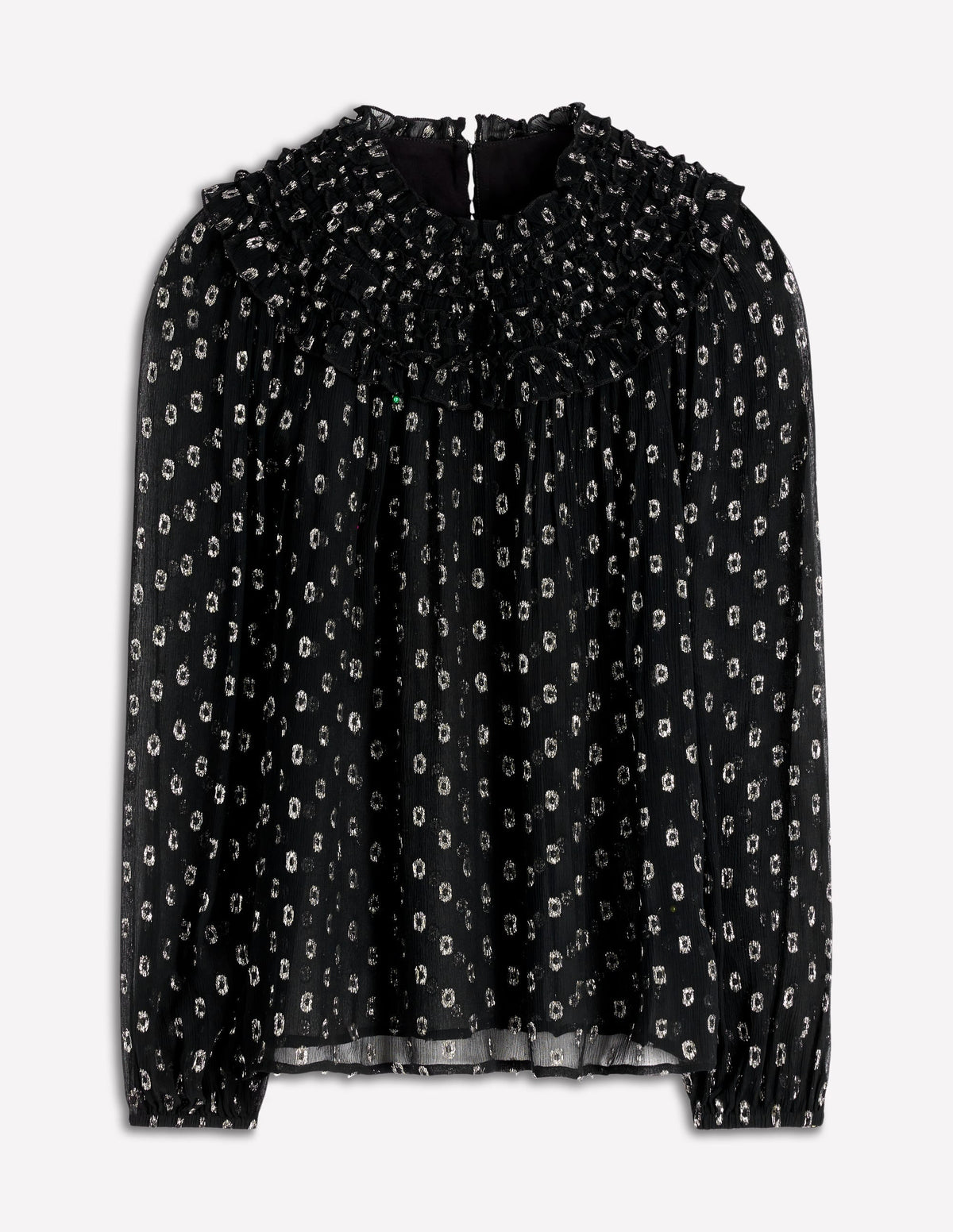 Metallic Ruffle Collar Top-Black, Lurex Clip