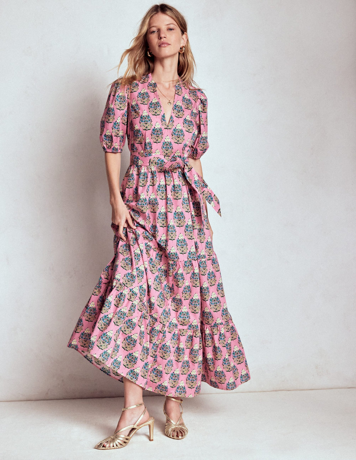 Christabel Cotton Midi Dress-Pink, Wildflower Bouquet