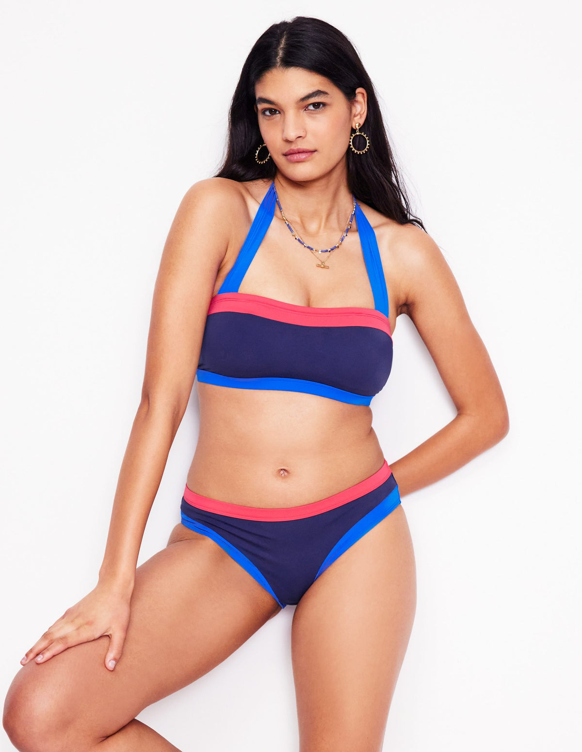Santorini Bikini Bottoms-Navy/ Coral Punch Pink/ Blue