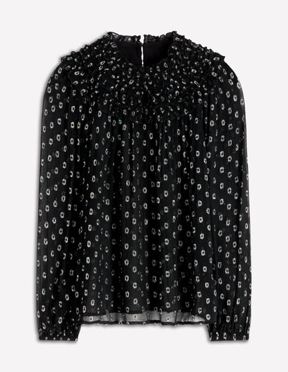 Metallic Ruffle Collar Top-Black, Lurex Clip