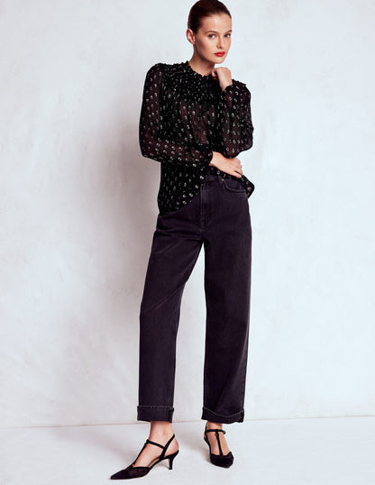 Metallic Ruffle Collar Top-Black, Lurex Clip