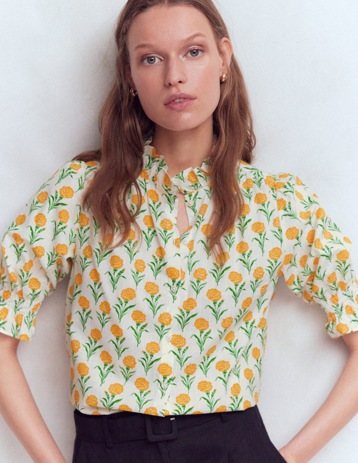 Heather Smocked Sleeve Top-Marigold, Carnation Stems