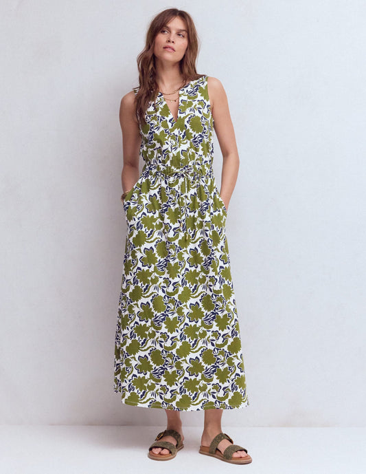 Delphine Midi Sleeveless Dress-Olive, Shadow Blossom