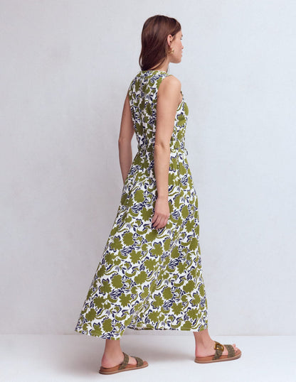 Delphine Midi Sleeveless Dress-Olive, Shadow Blossom
