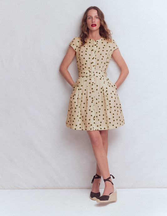 Arabella Short Linen Dress-Ivory Painted Dot Spaced