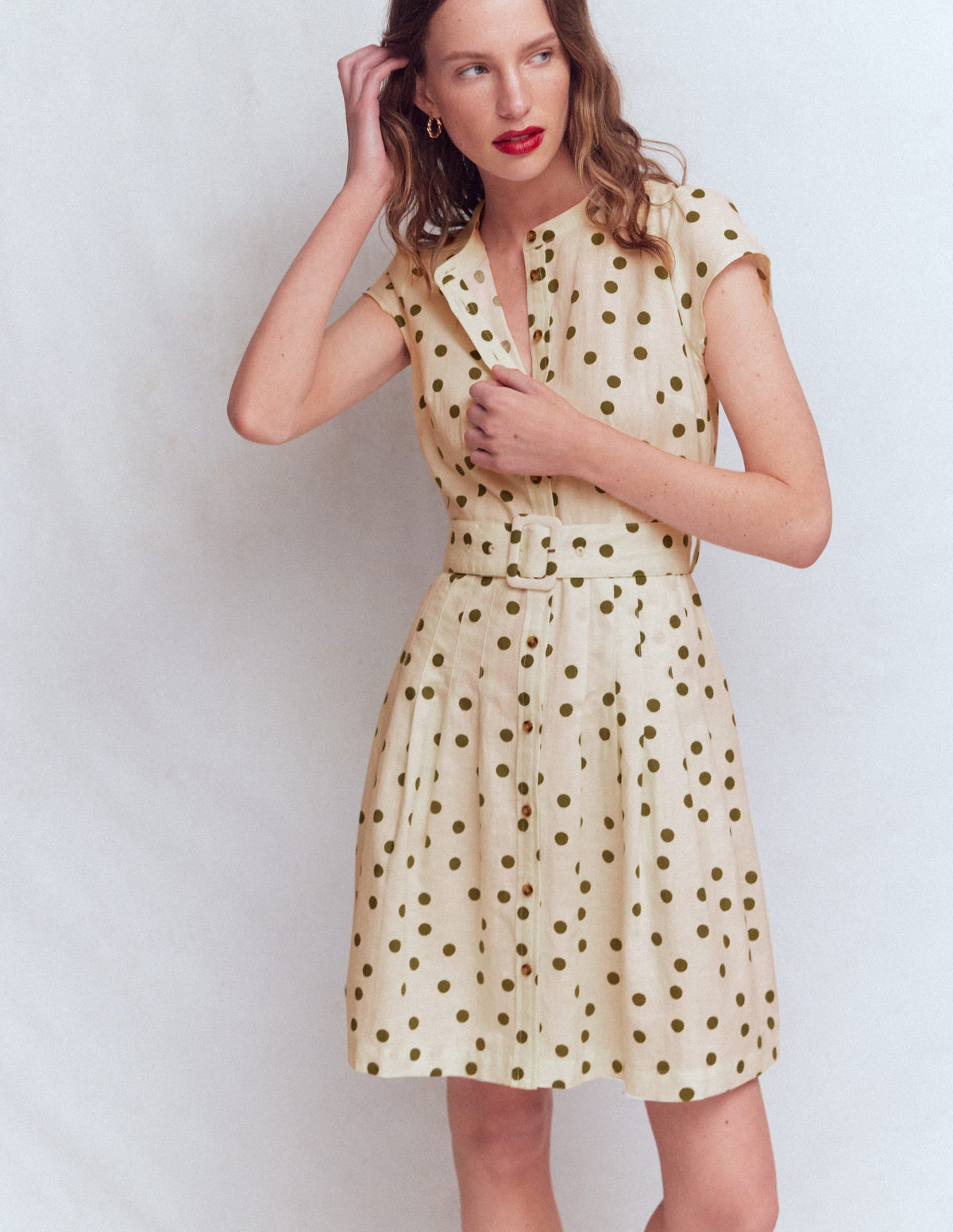 Arabella Short Linen Dress-Ivory Painted Dot Spaced