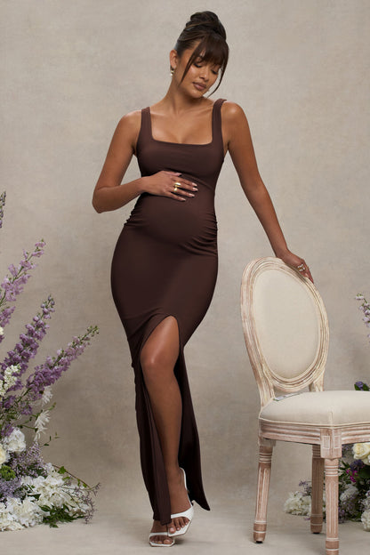 Avril | Brown Square Neck Maternity Maxi Dress with Split