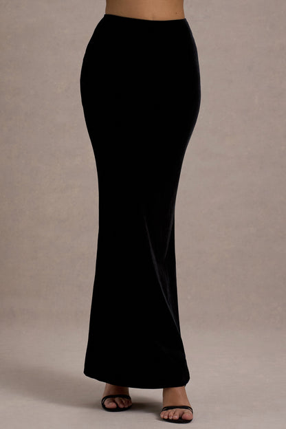 Alize | Black Velvet Split Maxi Skirt