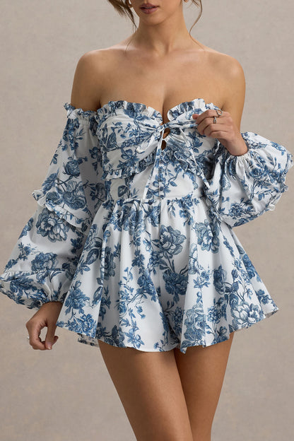 Ithaca | Blue Porcelain Print Bardot Ruffled Playsuit