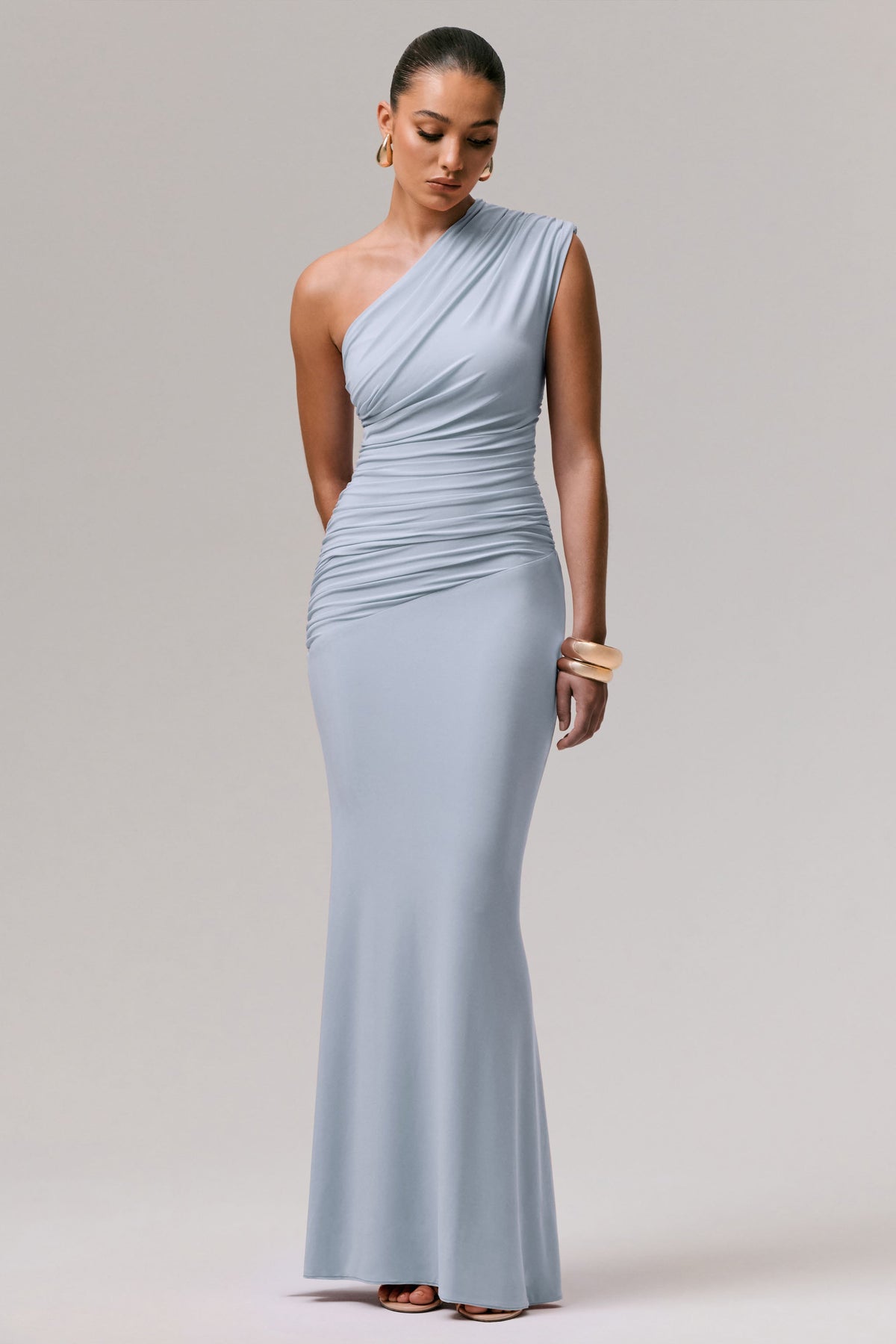 Mardi | Powder Blue Asymmetric Maxi Dress With Ruching
