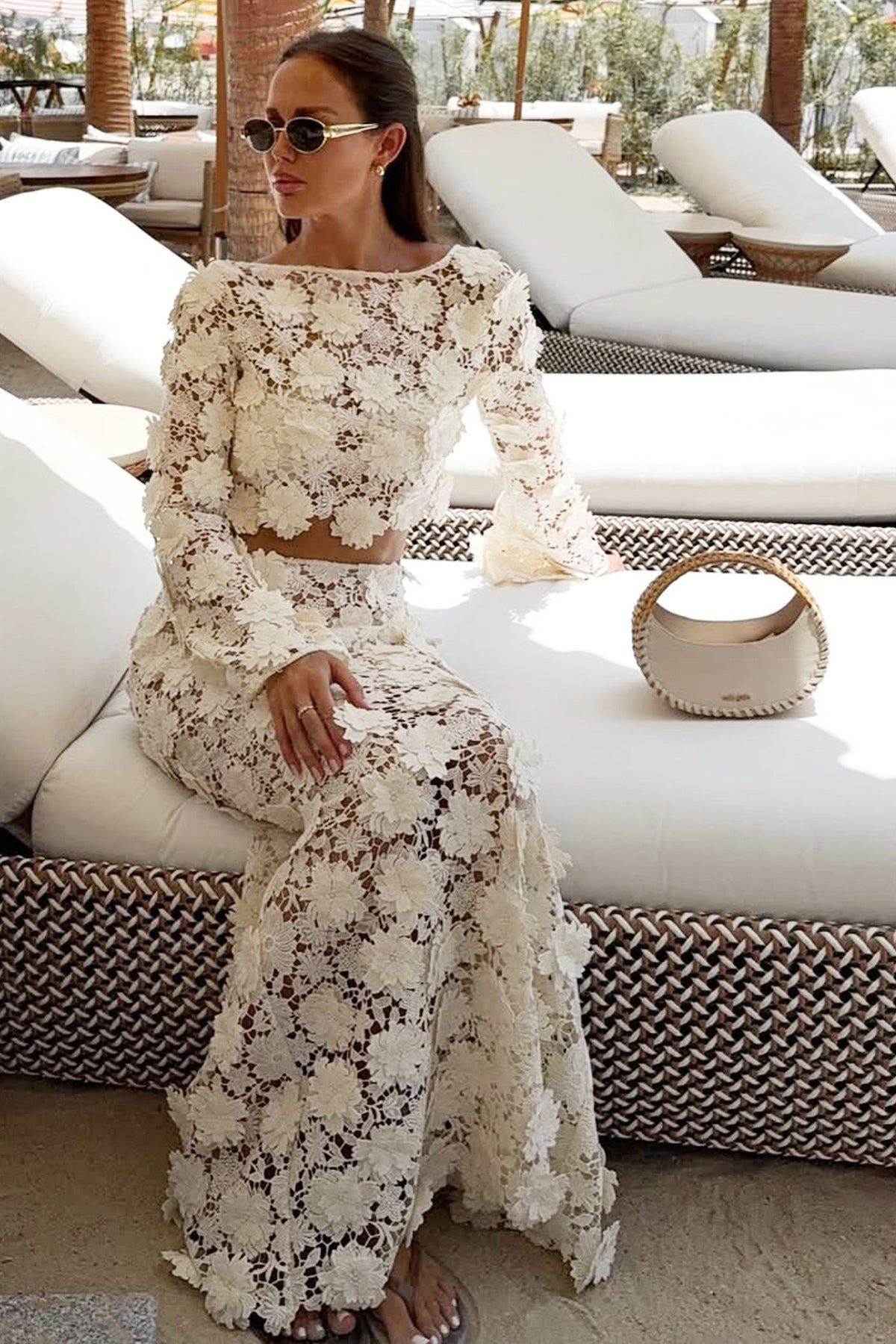 Ibiza | Cream Lace Bell-Sleeve Crop Top
