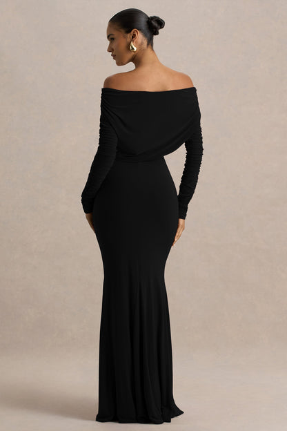 Cilla | Black Bardot-Neck Maxi Dress With Ruched Detailing