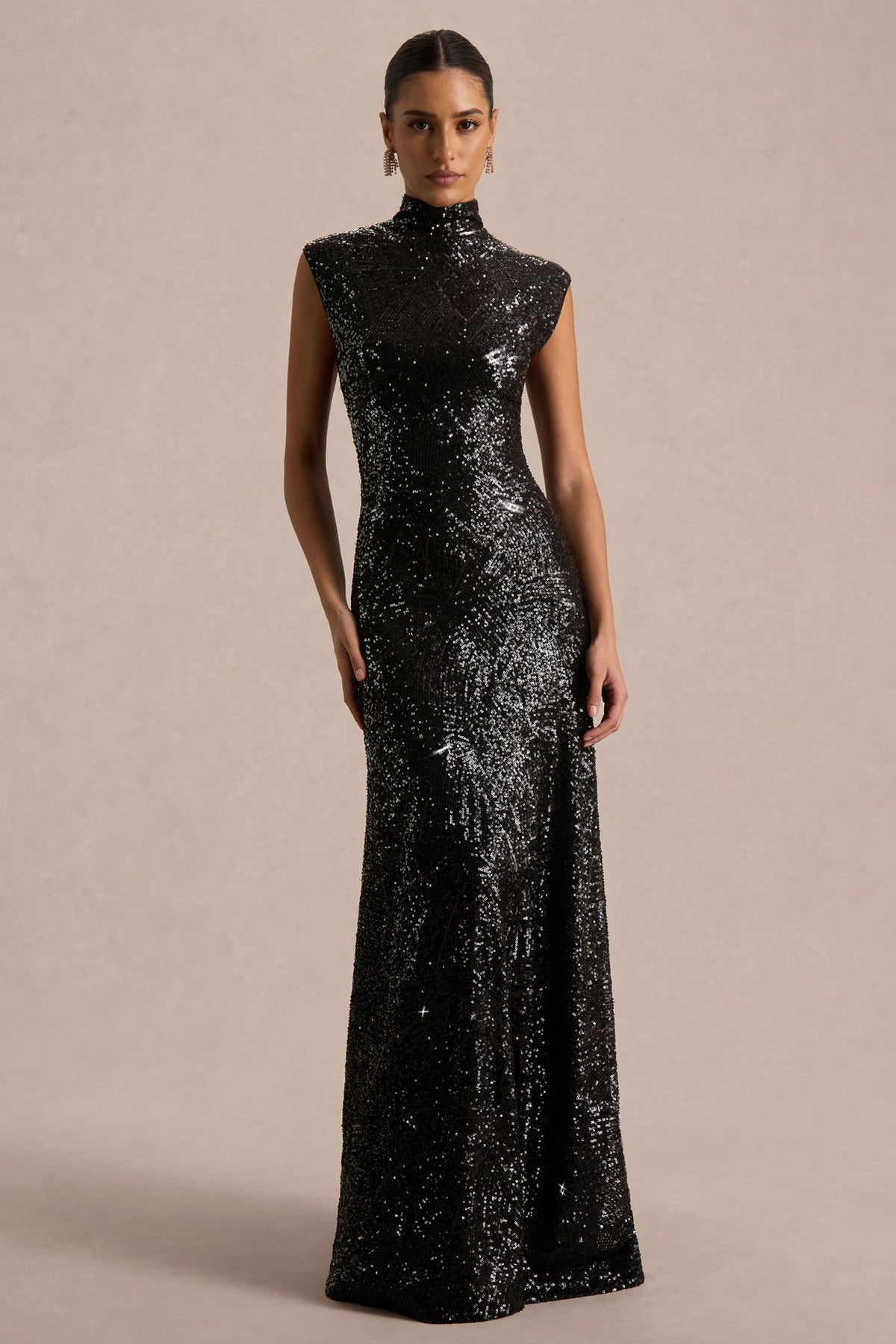 Cecy | Black Sequin High-Neck Maxi Dress With Cap Sleeves