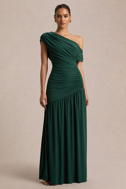 Kady | Dark Green Asymmetric-Neck Maxi Dress With Ruched Detailing