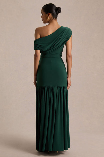 Kady | Dark Green Asymmetric-Neck Maxi Dress With Ruched Detailing