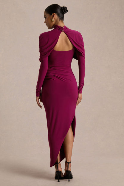 Aneira | Burgundy High-Neck Maxi Dress With Cape Sleeves