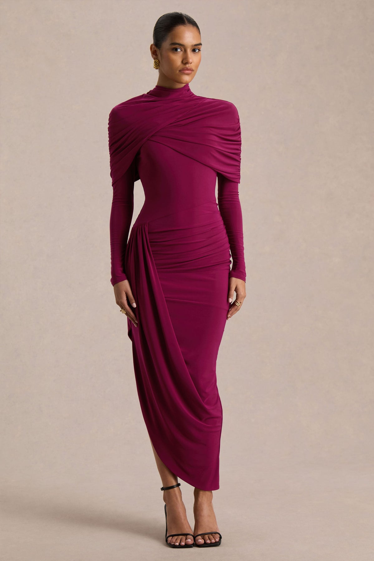 Aneira | Burgundy High-Neck Maxi Dress With Cape Sleeves