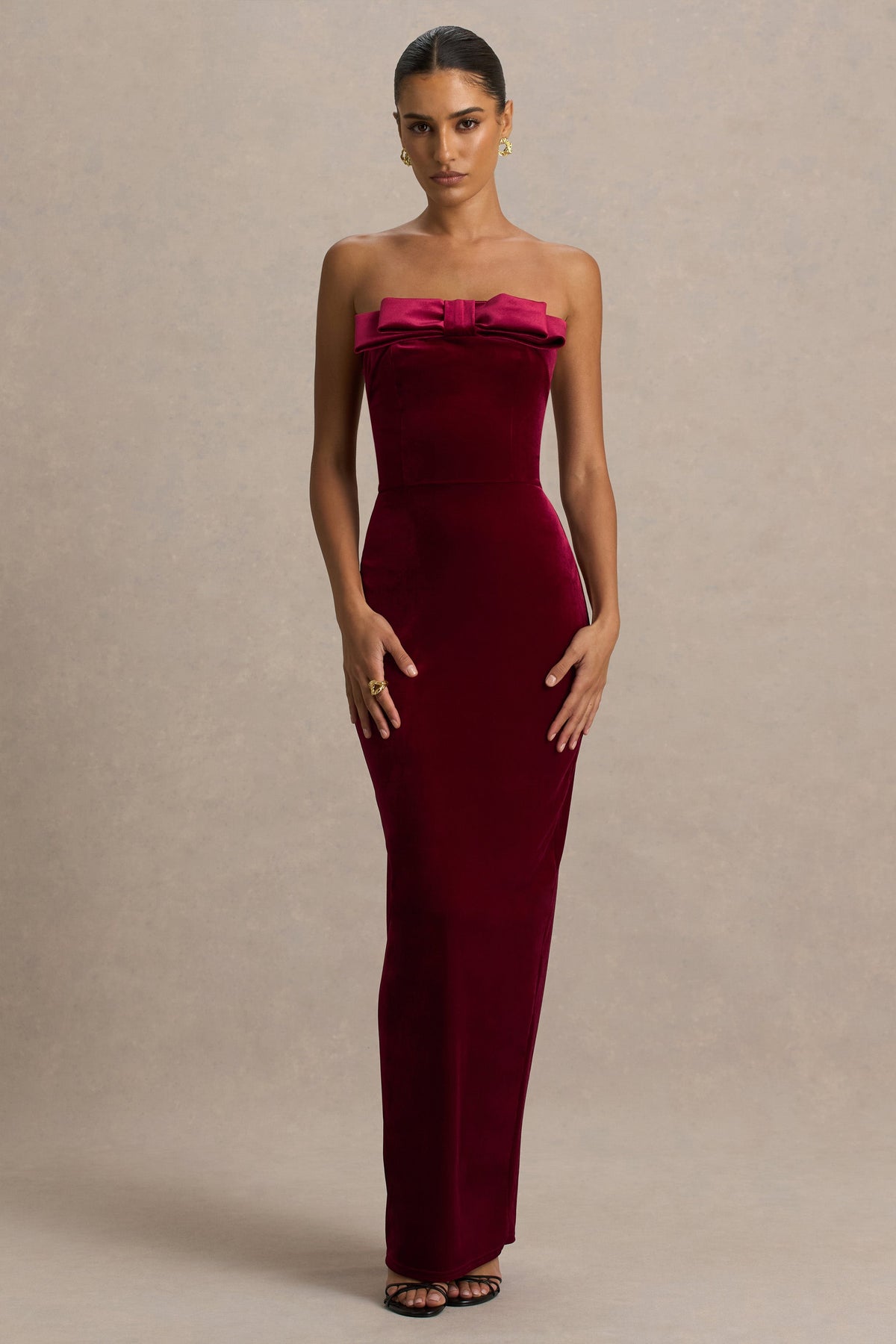 Illusion | Burgundy Velvet Bandeau Maxi Dress With Bow Detail