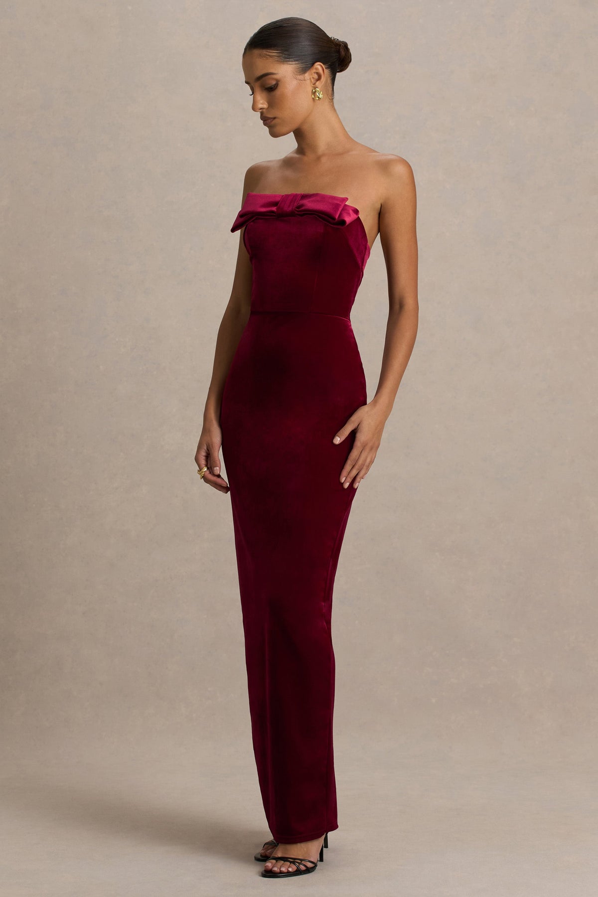 Illusion | Burgundy Velvet Bandeau Maxi Dress With Bow Detail