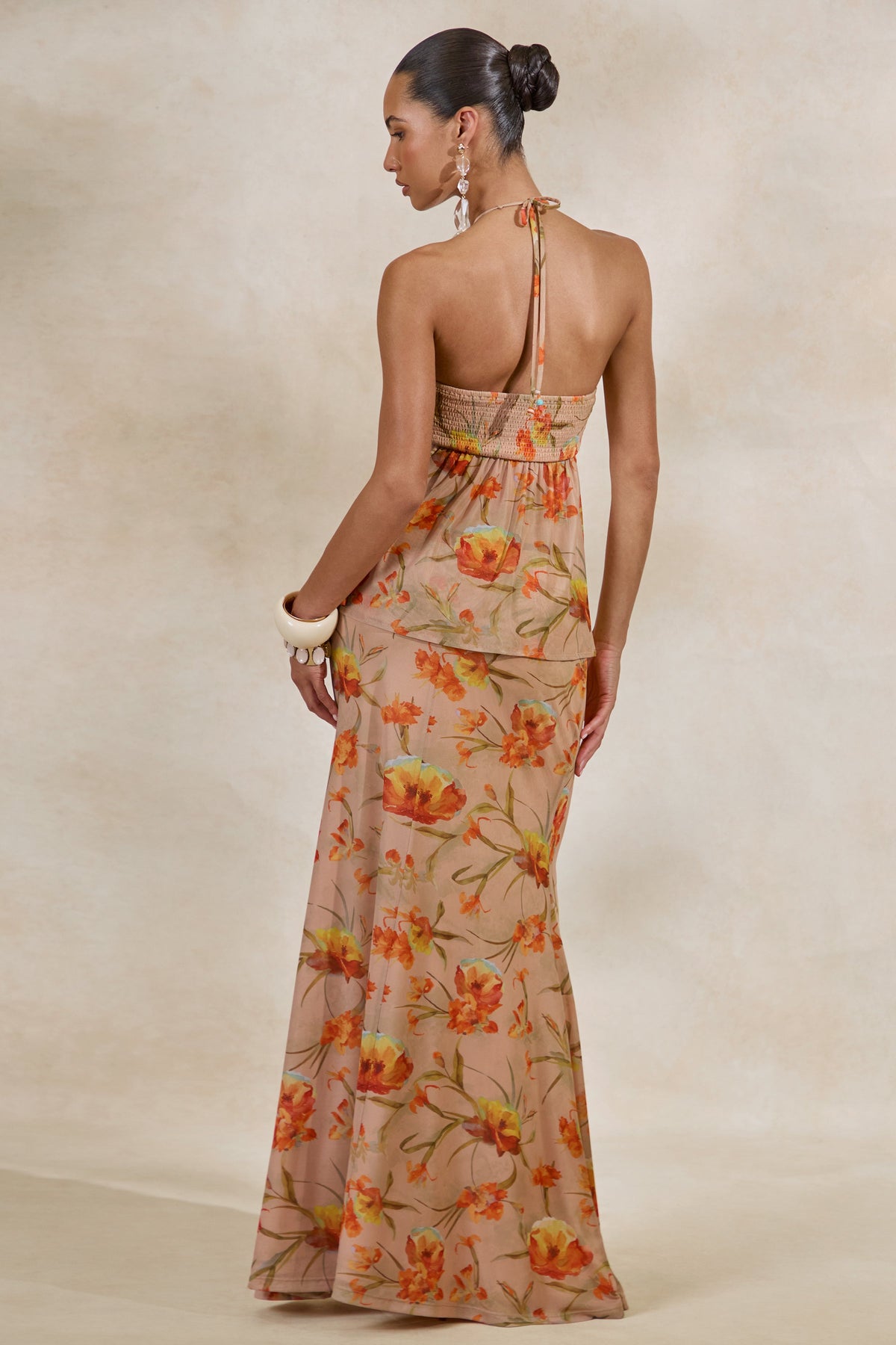 Flaviah | Orange Floral Print Mesh Maxi Skirt