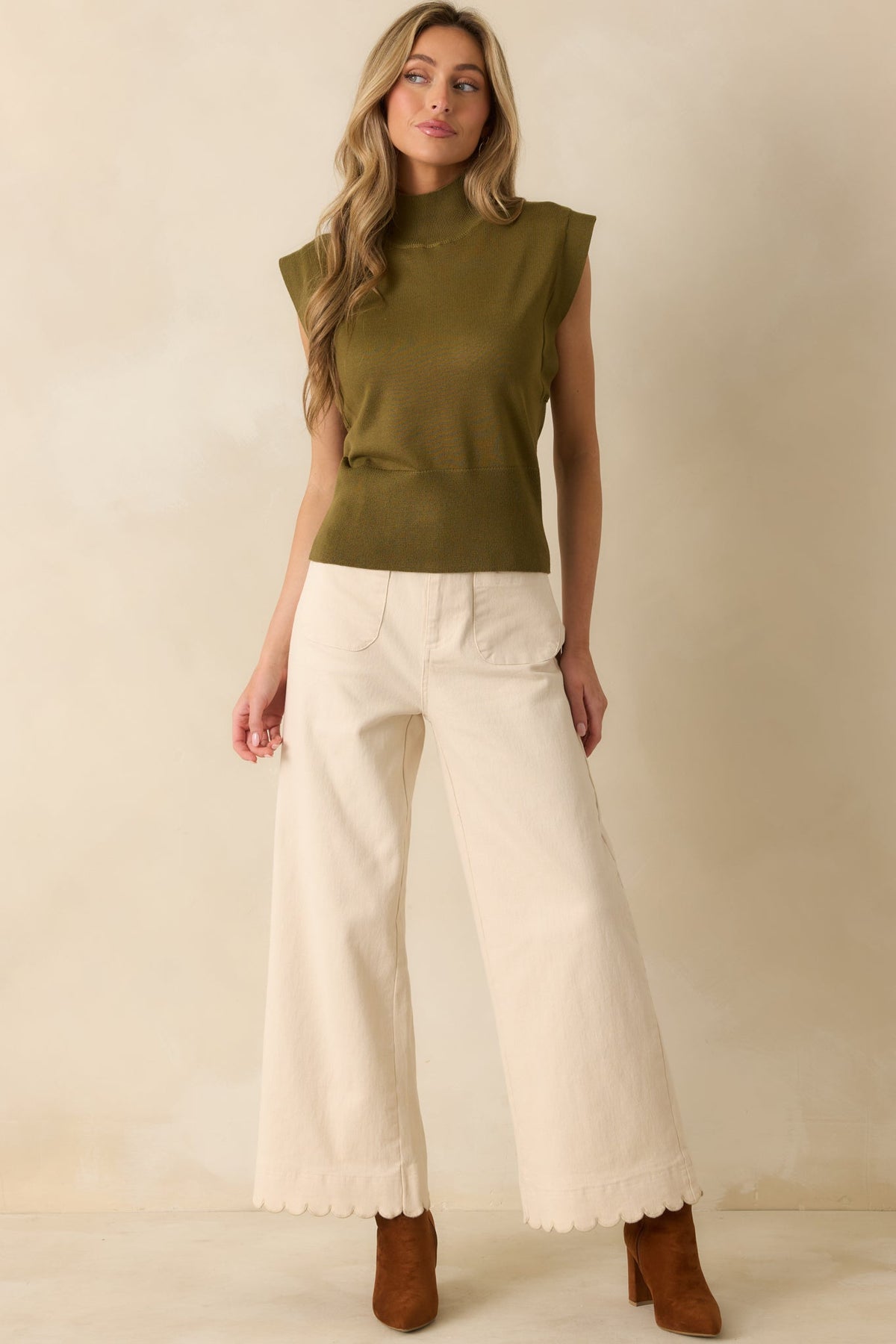 Meant to Be Seen Olive Green Cap Sleeve Mock Neck Top