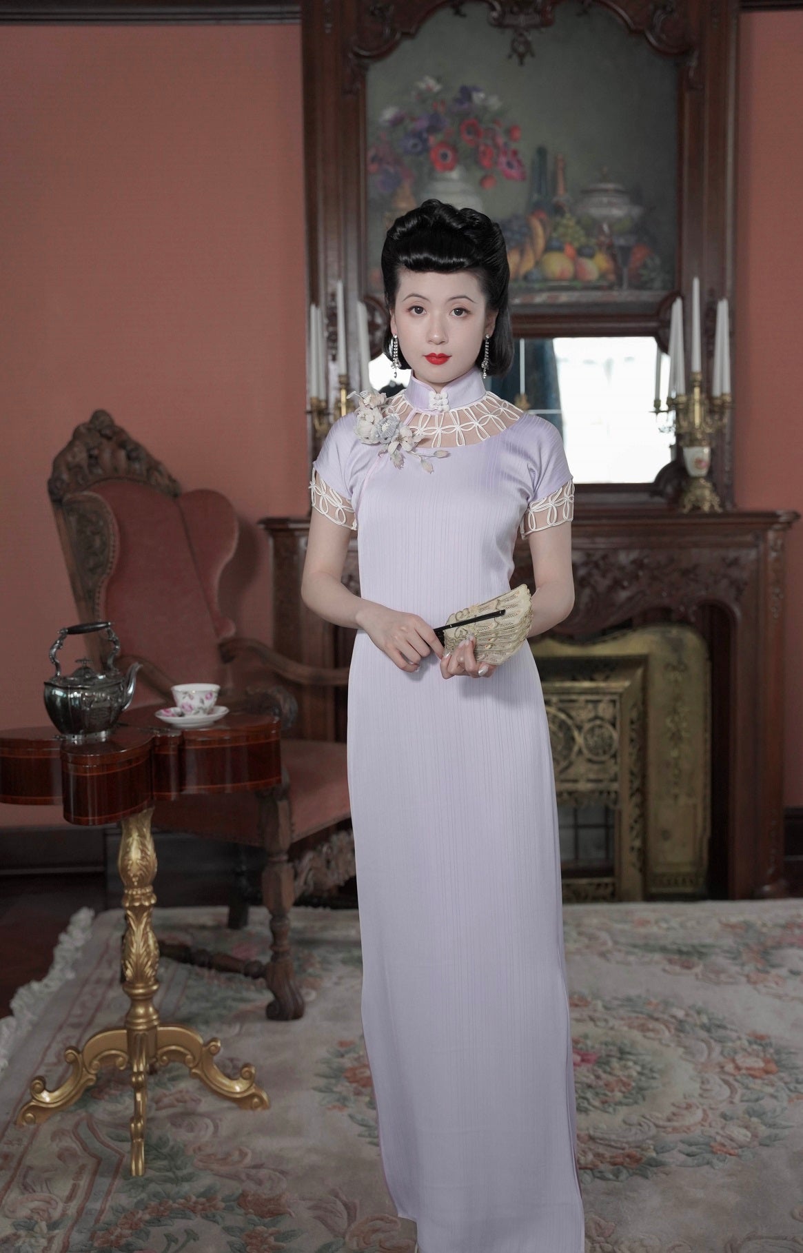 Yu Linglong 玉玲珑 1930s Lace Floral Eyelet Qipao & Short Blazer Set