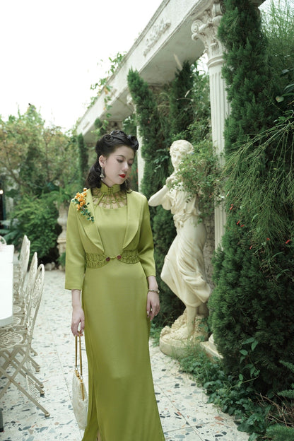 Yu Linglong 玉玲珑 1930s Lace Floral Eyelet Qipao & Short Blazer Set