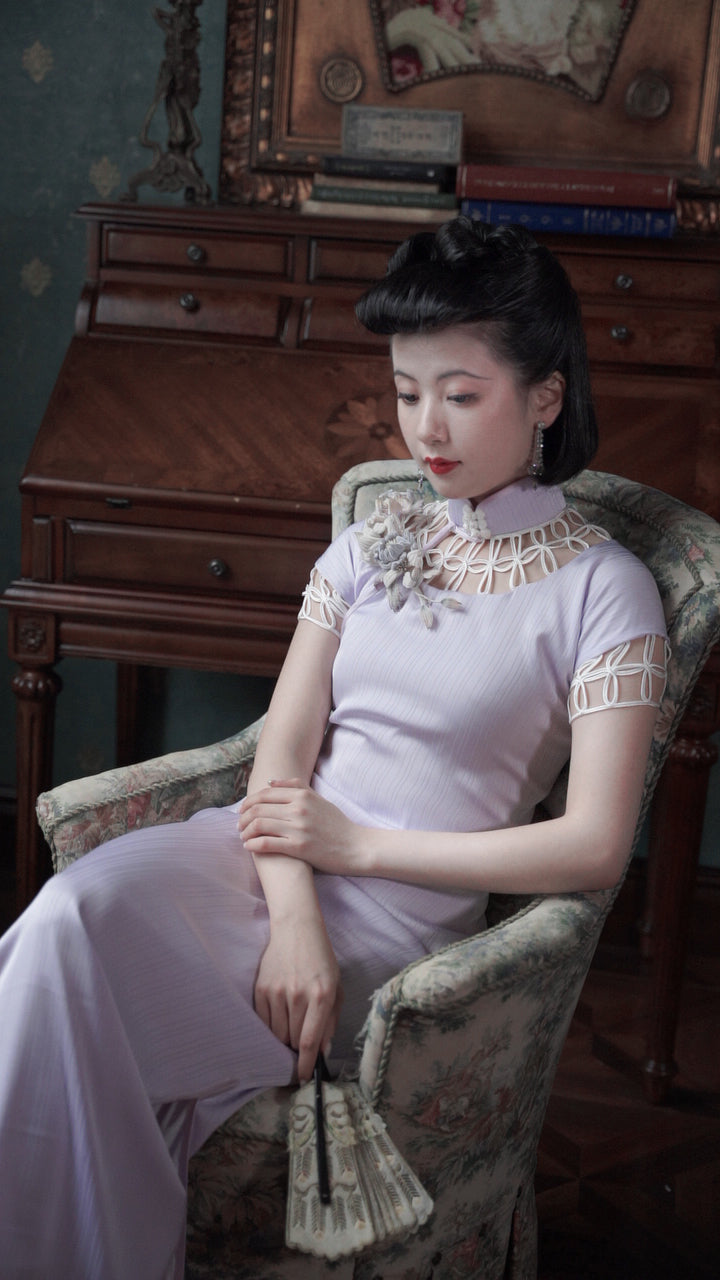 Yu Linglong 玉玲珑 1930s Lace Floral Eyelet Qipao & Short Blazer Set