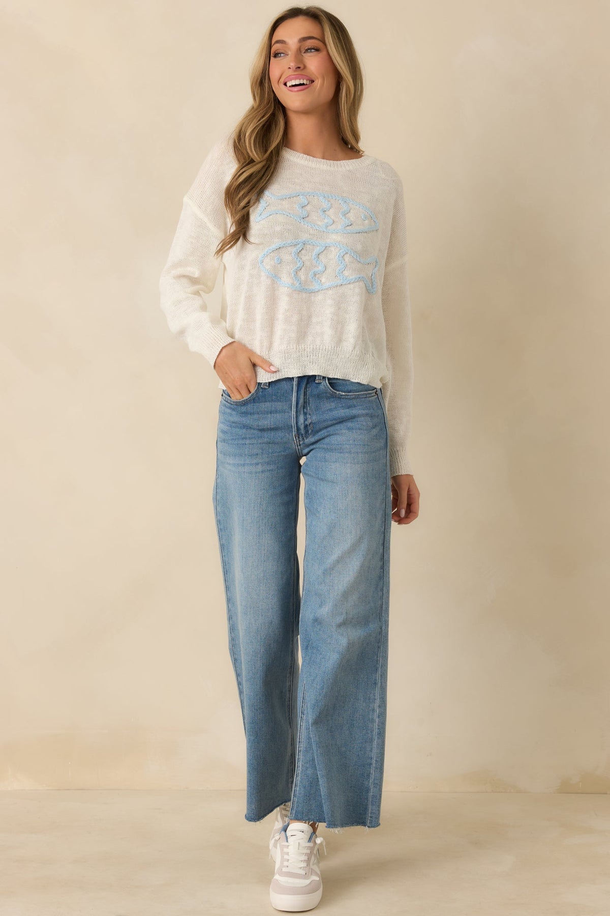Just Swimmingly Ivory Knit Fish Embroidered Sweater