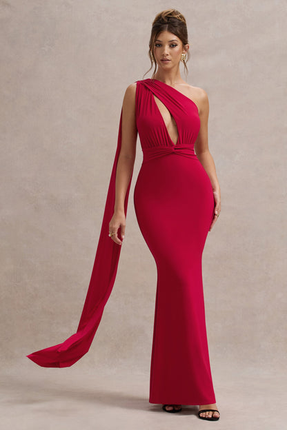 Elaina | Red Asymmetric Knot Maxi Dress With Sash