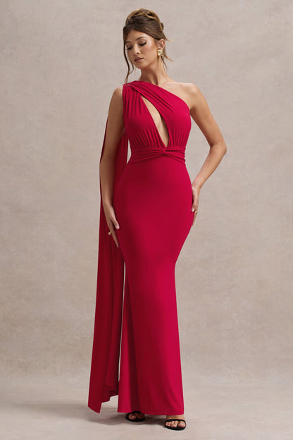Elaina | Red Asymmetric Knot Maxi Dress With Sash
