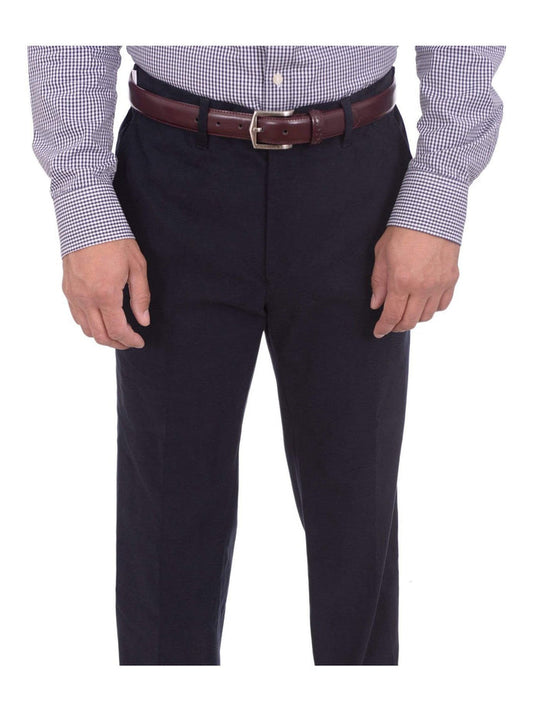 Aldo Valentini PANTS 32W Aldo Valentini Slim Fit Solid Navy Flat Front Khakis Casual Pants Made In Italy