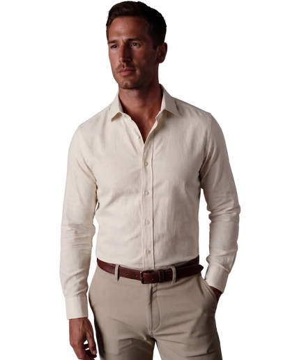 Christopher Morris Solid Cream Slim Fit Spread Collar Non-Iron Barrel Cuff Cotton Dress Shirt