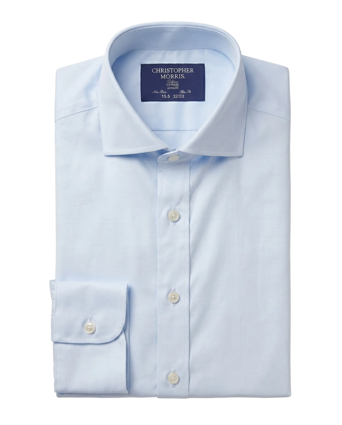 Christopher Morris Solid Powder Blue Classic Fit Spread Collar Non-Iron Barrel Cuff Cotton Dress Shirt