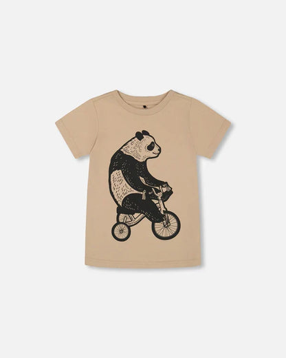 Deux Par Deux Organic Cotton Graphic Tee - Black Panda On Beige Background