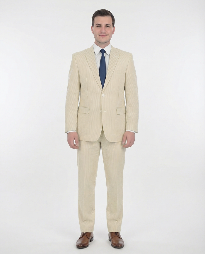 Emigre Classic Fit Tan Striped Two Button Cotton Seersucker Suit - The Suit Depot