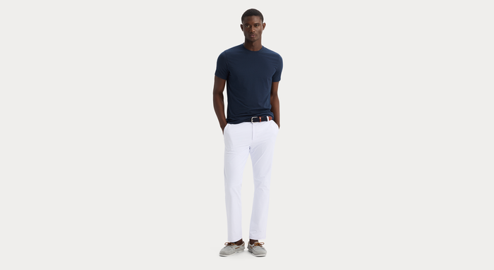 View of model wearing Lucent White Go Chino, Slim Fit with Airweave.