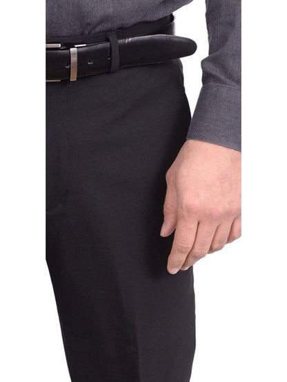 thesuitdepot PANTS Kenneth Cole Classic Fit Solid Black Flat Front Stretch Wool Blend Dress Pants
