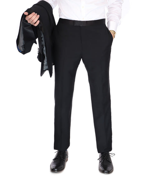 Men's Blujacket Black 100% Wool Classic Fit Tuxedo Dress Pants with Satin Ribbon - The Suit Depot