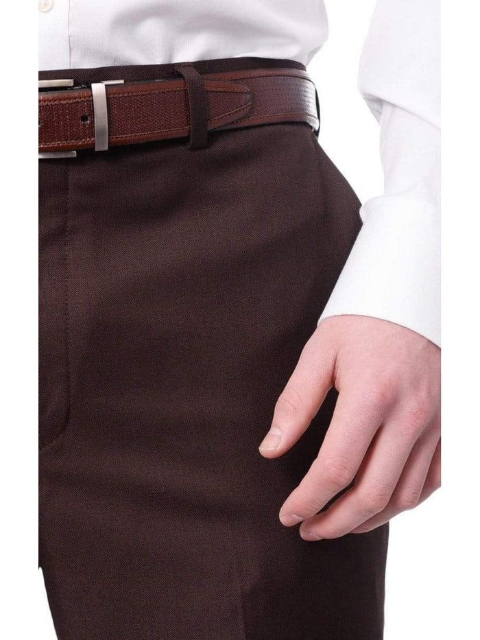 Label M PANTS Men's Classic Fit Solid Dark Brown Flat Front Wool Dress Pants