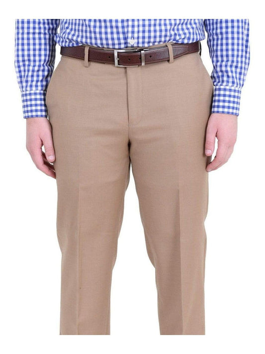 Label M PANTS Mens Classic Fit Solid Tan Flat Front Wool Dress Pants