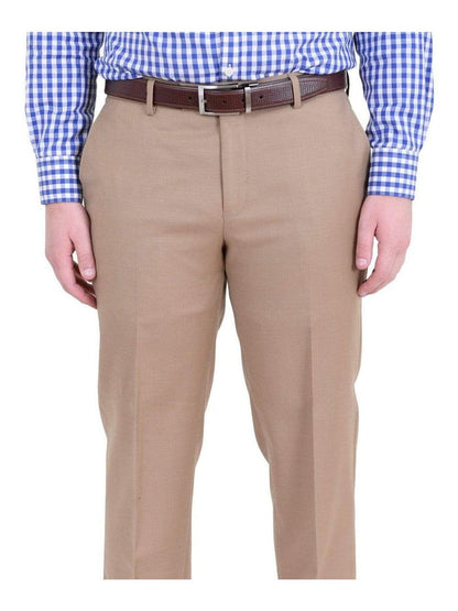 Label M PANTS Mens Classic Fit Solid Tan Flat Front Wool Dress Pants
