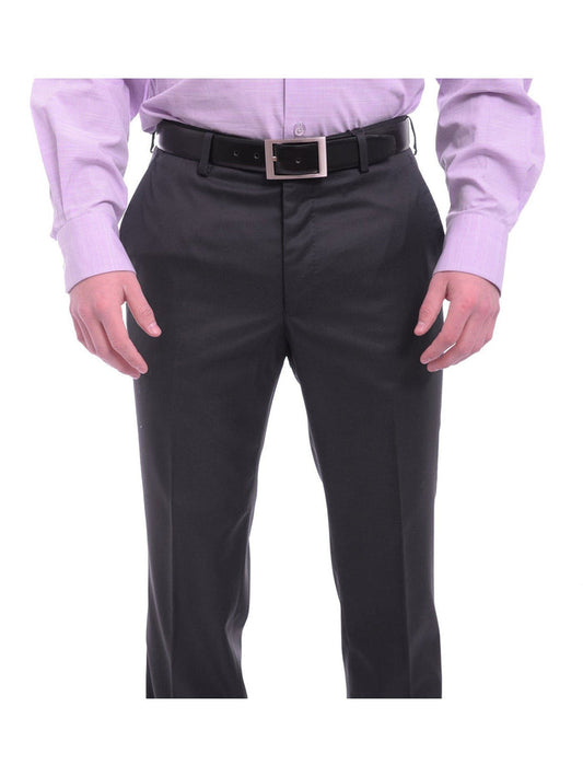 Mens Napoli Slim Fit Solid Navy Blue Flat Front Wool Dress Pants - The Suit Depot