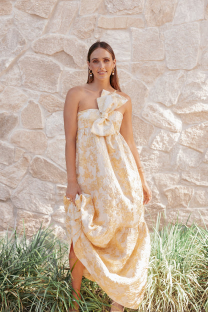Betina Bow Front Maxi Dress - Yellow Brocade