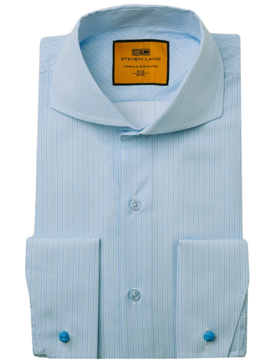 Steven Land Blue Stripe Cutaway Collar French Cuff Dress Shirt