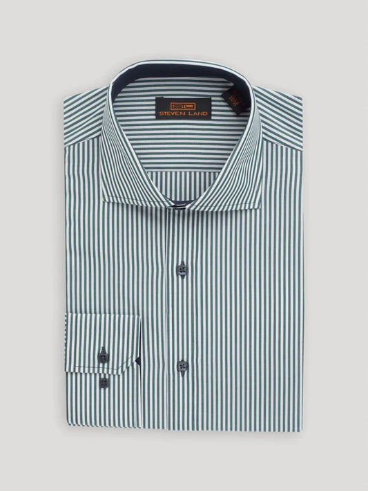 Steven Land Mens Green Striped Cutaway Collar 100% Cotton Dress Shirt