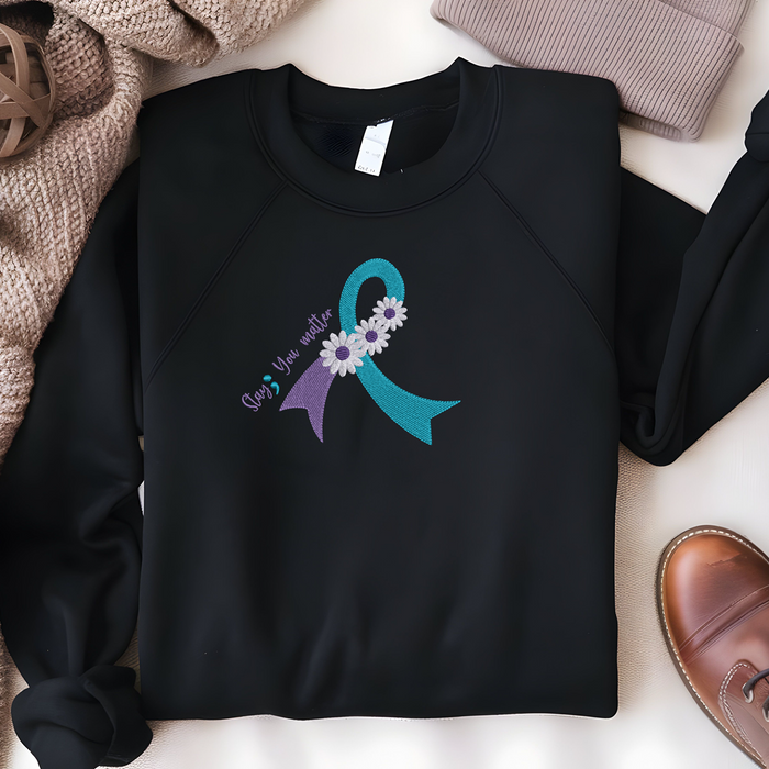 Suicide Prevention Awareness Ribbon Daisy Embroidered Crewneck Sweatshirt