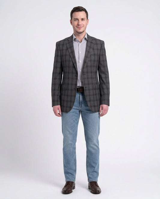 Zanetti Modern Fit Charcoal Gray Windowpane Two Button Wool Blazer Sportcoat - The Suit Depot